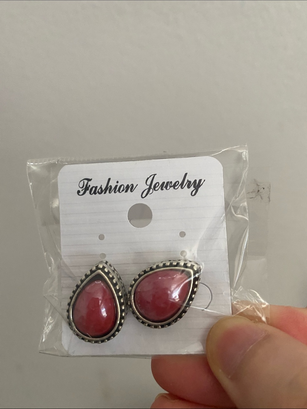 Fashion Jewelry Red Teardrop Stud Earrings in Silver-Tone Setting